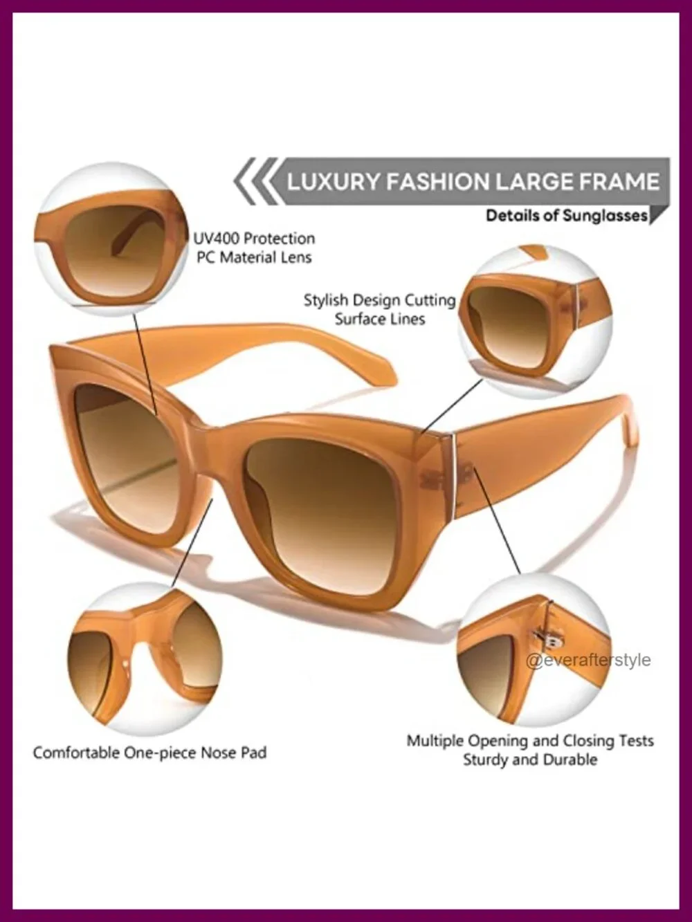 Oversized Square Cat Eye Sunglasses UV400 Protection Retro Vintage Thick Frame